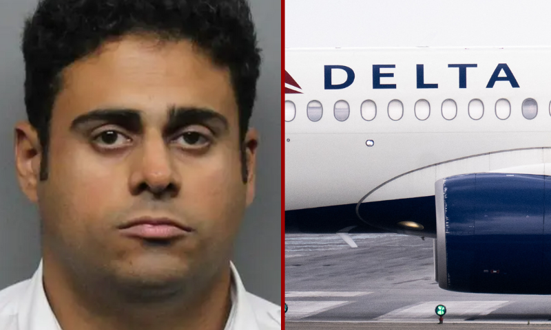 (L) Rustom Bhagwagar, 34. (Photo via: Contra Costa Sheriff) / (R) A Delta Air Lines Airbus A220 airplane prepares to takeoff at Ronald Reagan Washington National Airport in Arlington, Virginia, on July 10, 2025. Delta Air Lines stock shares surged more than 11 percent in early trading on Thursday, as the airline reported better-than-expected results. Between April and June, the group posted year-on-year sales of $16.65 billion and net income of $2.13 billion (+63% year-on-year). (Photo by SAUL LOEB / AFP) (Photo by SAUL LOEB/AFP via Getty Images)