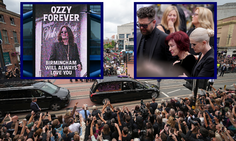 (R-Top) BIRMINGHAM, ENGLAND - JULY 30: Jack Osbourne, Sharon Osbourne, Kelly Osbourne and family members stop to view tributes to the late Ozzy Osbourne from fans at Black Sabbath Bench and Bridge as his funeral cortege travels through his home city of Birmingham on July 30, 2025 in Birmingham, England. The Black Sabbath frontman passed away on July 22nd at the age of 76. His death occurred just a little over two weeks after his final live performance at the 'Back to the Beginning' concert in his hometown of Birmingham. (Photo by Christopher Furlong/Getty Images) / (L-Top) Mourners and music fans line the streets to pay their respects as the funeral cortege of Ozzy Osbourne, the late lead singer of Black Sabbath, makes its way through Birmingham, central England on July 30, 2025. Thousands are expected to line the streets in Ozzy Osbourne's UK hometown of Birmingham on Wednesday to honour the heavy metal hell-raiser Ozzy Osbourne as he is laid to rest. Osbourne, nicknamed the "Prince of Darkness" and who once bit a bat while on stage while performing with his Black Sabbath band, died on July 22 at the age of 76. (Photo by Ben STANSALL / AFP) (Photo by BEN STANSALL/AFP via Getty Images) / (Background) BIRMINGHAM, ENGLAND - JULY 30: Sharon Osbourne, Jack Osbourne, Kelly Osbourne and Aimee Osbourne view tributes to the late Ozzy Osbourne from fans at Black Sabbath Bench and Bridge as his funeral cortege travels through his home city of Birmingham on July 30, 2025 in Birmingham, England. The Black Sabbath frontman passed away on July 22nd at the age of 76. His death occurred just a little over two weeks after his final live performance at the 'Back to the Beginning' concert in his hometown of Birmingham. (Photo by Christopher Furlong/Getty Images)