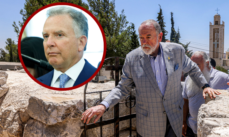 (Background) US ambassador to Israel Mike Huckabee visits the fifth-century Church of St George in the Palestinian Christian village of Taybeh, northeast of Ramallah in the occupied West Bank, on July 19, 2025. In the villages and communities around Taybeh, Palestinian authorities have reported that settlers had killed three people and damaged or destroyed multiple water sources in the past two weeks alone. The July 7 arson attack on the remains of the Church of Saint George, which date back to the 5th century, was the last straw for many villagers, who blame Israeli settlers for a spate of recent attacks. (Photo by JAAFAR ASHTIYEH / AFP) (Photo by JAAFAR ASHTIYEH/AFP via Getty Images) / (R) WASHINGTON, DC - JULY 14: Steve Witkoff, U.S. Special Envoy to the Middle East, attends a meeting between U.S. President Donald Trump and NATO Secretary General Mark Rutte in the Oval Office at the White House on July 14, 2025 in Washington, DC. Trump is meeting with Rutte a day after announcing that the U.S. will send Patriot air defense missiles to Ukraine to help it defend against Russia's intensifying aerial attacks. (Photo by Kevin Dietsch/Getty Images)