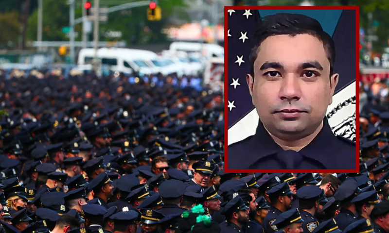 NYPD officers attend the funeral of slain NYPD officer Didarul Islam at Parkchester Jame Masjid on July 31, 2025 in the Parkchester neighborhood of the Bronx borough in New York City. Thousands of members of the NYPD and other law enforcement agencies attended the funeral of Officer Islam, who was killed during a mass shooting while working a private security detail assignment in midtown Manhattan. He was one of four people killed that day in a shooting that also left one person critically injured. (Photo by Michael M. Santiago/Getty Images)