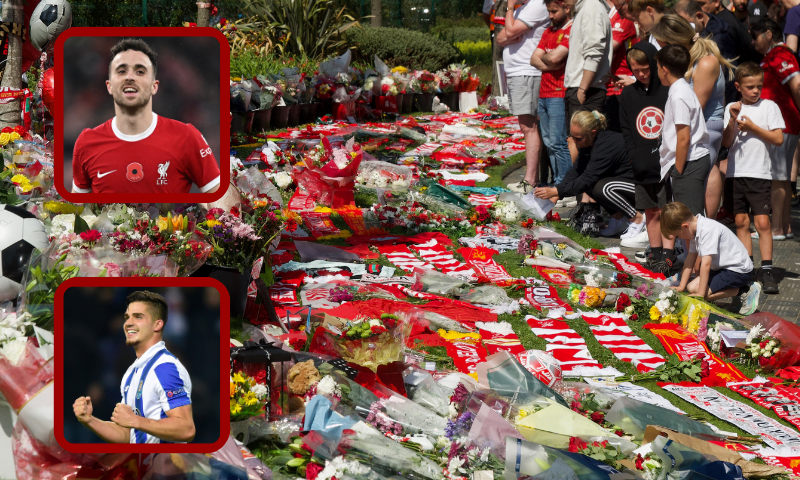 M| Well-wishers leave flowers at a memorial set up close to Anfield football ground for their Portuguese forward Diogo Jota in Liverpool, north-west England July 3, 2025. Liverpool striker Diogo Jota died along with his brother early July 3, 2025 in a road accident in northwest Spain, the Spanish Civil Guard said. The accident occurred on a highway in the province of Zamora. The vehicle "left the road" before bursting into flames, the Civil Guard said, adding that the two passengers, Diogo Jota and his brother Andre Felipe, also a professional footballer, were deceased. (Photo by Paul BARKER / AFP) (Photo by PAUL BARKER/AFP via Getty Images) T| Liverpool's Portuguese striker #20 Diogo Jota celebrates after scoring their third goal during the English Premier League football match between Liverpool and Brentford at Anfield in Liverpool, north west England on November 12, 2023. (Photo by Paul ELLIS / AFP) / RESTRICTED TO EDITORIAL USE. No use with unauthorized audio, video, data, fixture lists, club/league logos or 'live' services. Online in-match use limited to 120 images. An additional 40 images may be used in extra time. No video emulation. Social media in-match use limited to 120 images. An additional 40 images may be used in extra time. No use in betting publications, games or single club/league/player publications. / (Photo by PAUL ELLIS/AFP via Getty Images) B| Porto's midfielder Andre Silva celebrates after scoring a goal during the UEFA Champions League football match FC Porto vs Leicester City FC at the Dragao stadium in Porto on December 7, 2016. / AFP / MIGUEL RIOPA (Photo credit should read MIGUEL RIOPA/AFP via Getty Images)