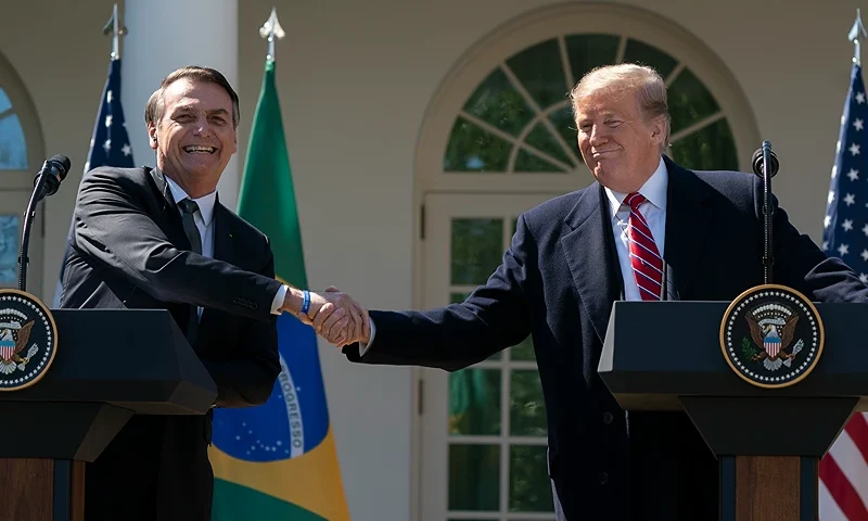 WASHINGTON, DC - MARCH 19: (AFP OUT) U.S. President Donald Trump and Brazilian President Jair Bolsonaro attend a joint news conference in the Rose Garden at the White House March 19, 2019 in Washington, DC. President Trump is hosting President Bolsonaro for a visit and bilateral talks at the White House today. (Photo by Chris Kleponis-Pool/Getty Images)