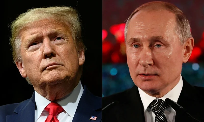 (COMBO) This combination of pictures created on February 21, 2020 shows US President Donald Trump delivers remarks at a Keep America Great rally in Phoenix, Arizona, on February 19, 2020. Russian President Vladimir Putin delivers a speech during a ceremony in Jerusalem on January 23, 2020 commemorating the people of Leningrad during the Second World War Nazi siege on the city. - President Donald Trump on february 21, 2020 dismissed reported warnings by US intelligence that Russia is meddling in this year's elections as a "hoax" planted by his Democratic rivals. "Another misinformation campaign is being launched by Democrats in Congress saying that Russia prefers me to any of the Do Nothing Democrat candidates who still have been unable to, after two weeks, count their votes in Iowa," Trump wrote on Twitter. (Photo by JIM WATSON and EMMANUEL DUNAND / AFP) (Photo by JIM WATSON,EMMANUEL DUNAND/AFP via Getty Images)