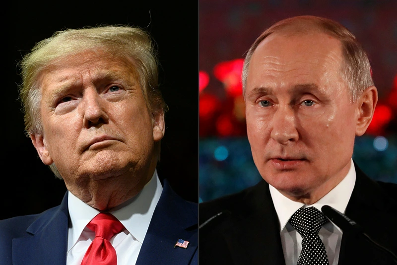 (COMBO) This combination of pictures created on February 21, 2020 shows US President Donald Trump delivers remarks at a Keep America Great rally in Phoenix, Arizona, on February 19, 2020. Russian President Vladimir Putin delivers a speech during a ceremony in Jerusalem on January 23, 2020 commemorating the people of Leningrad during the Second World War Nazi siege on the city. - President Donald Trump on february 21, 2020 dismissed reported warnings by US intelligence that Russia is meddling in this year's elections as a "hoax" planted by his Democratic rivals. "Another misinformation campaign is being launched by Democrats in Congress saying that Russia prefers me to any of the Do Nothing Democrat candidates who still have been unable to, after two weeks, count their votes in Iowa," Trump wrote on Twitter. (Photo by JIM WATSON and EMMANUEL DUNAND / AFP) (Photo by JIM WATSON,EMMANUEL DUNAND/AFP via Getty Images)