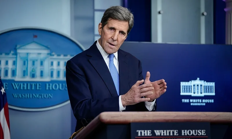 WASHINGTON, DC - JANUARY 27: Special Presidential Envoy for Climate John Kerry speaks during a press briefing at the White House on January 27, 2021 in Washington, DC. Kerry and McCarthy took questions from reporters about the Biden administration's plans and agenda on climate change issues. (Photo by Drew Angerer/Getty Images)