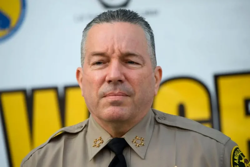 Sheriff Alex Villanueva of the Los Angeles Sheriff's Department (LASD) speaks about a task force targeting wage theft outside of the Hall of Justice on February 9, 2021 in Los Angeles, California. (Photo by Patrick T. FALLON / AFP) (Photo by PATRICK T. FALLON/AFP via Getty Images)