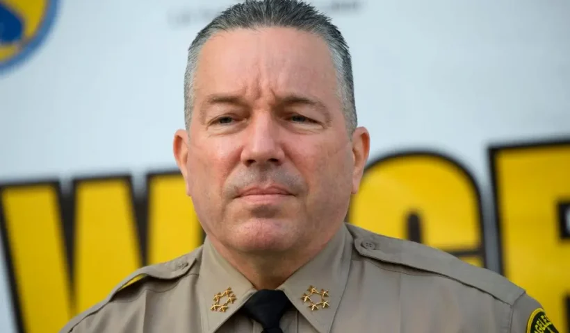 Sheriff Alex Villanueva of the Los Angeles Sheriff's Department (LASD) speaks about a task force targeting wage theft outside of the Hall of Justice on February 9, 2021 in Los Angeles, California. (Photo by Patrick T. FALLON / AFP) (Photo by PATRICK T. FALLON/AFP via Getty Images)
