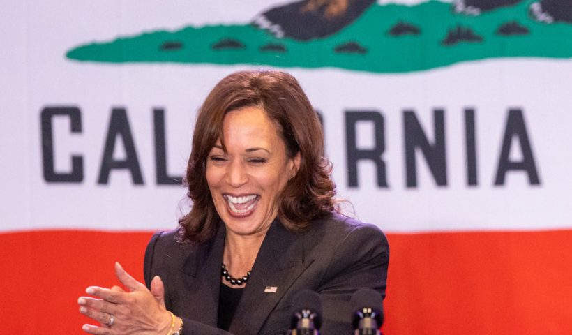 LOS ANGELES, CA - NOVEMBER 07: U.S. Vice President Kamala Harris campaigns for Los Angeles mayoral candidate, U.S. Rep.Karen Bass (D-CA) and other state Democrats at a rally at UCLA on the eve of Election Day on November 7, 2022 in Los Angeles, California. Bass faces billionaire businessman Rick Caruso. (Photo by David McNew/Getty Images)