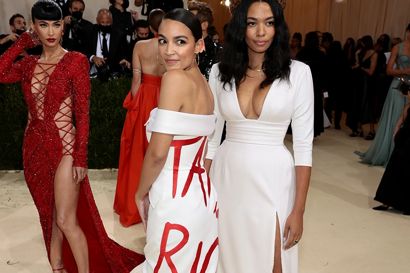 Alexandria Ocasio-Cortez (L) and Aurora James attend The 2021 Met Gala Celebrating In America: A Lexicon Of Fashion at Metropolitan Museum of Art on September 13, 2021 in New York City. (Photo by Mike Coppola/Getty Images)