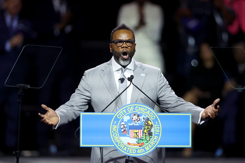 CHICAGO, ILLINOIS - MAY 15: Chicago Mayor Brandon Johnson speaks to guests after taking the oath of office on May 15, 2023 in Chicago, Illinois. Johnson, a former school teacher and union organizer, replaces outgoing Mayor Lori Lightfoot. (Photo by Scott Olson/Getty Images)