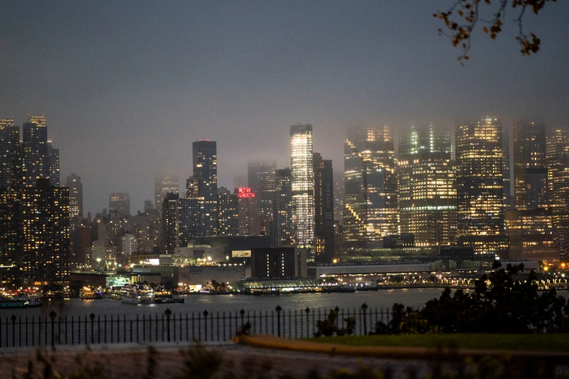 WEEHAWKEN, NEW JERSEY - SEPTEMBER 29: The New York skyline is covered with clouds during a coastal storm on September 29, 2023 as seen from Weehawken, New Jersey. Flash flooding is expected in the counties of Nassau, Queens and Kings, which includes Brooklyn, according to the state's National Weather Service office as remnants of Tropical Storm Ophelia reaches the Northeast. Gov. Kathy Hochul has declared a state of emergency for the NYC area. (Photo by Eduardo Munoz Alvarez/Getty Images)
