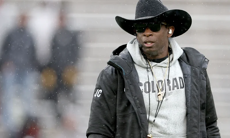 BOULDER, COLORADO - APRIL 27: Head coach Deion Sanders of the Colorado Buffaloes watches as his team plays their spring game at Folsom Field on April 27, 2024 in Boulder, Colorado. (Photo by Matthew Stockman/Getty Images)
