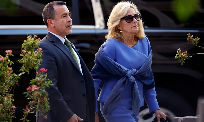 First lady Jill Biden and her senior advisor Anthony Bernal arrive to the J. Caleb Boggs Federal Building on June 07, 2024 in Wilmington, Delaware. The trial for Hunter Biden's felony gun charges continues today with additional witnesses. Biden returned early from her trip to Paris with President Joe Biden to attend the trial. (Photo by Kevin Dietsch/Getty Images)