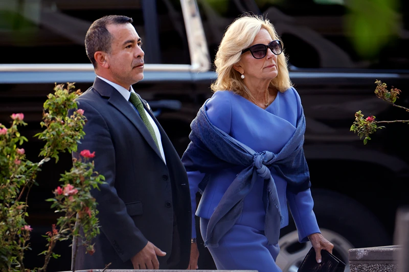 First lady Jill Biden and her senior advisor Anthony Bernal arrive to the J. Caleb Boggs Federal Building on June 07, 2024 in Wilmington, Delaware. The trial for Hunter Biden's felony gun charges continues today with additional witnesses. Biden returned early from her trip to Paris with President Joe Biden to attend the trial. (Photo by Kevin Dietsch/Getty Images)