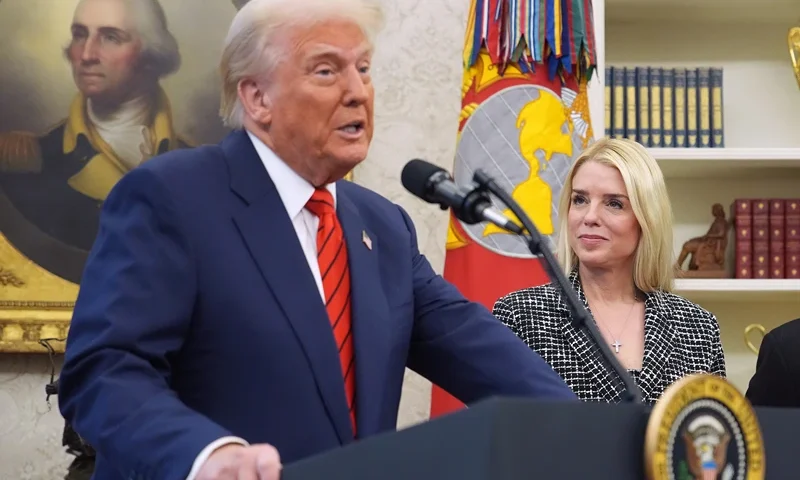 U.S. President Donald Trump speaks alongside newly confirmed Attorney General Pam Bondi and U.S. Supreme Court Justice Clarence Thomas during her swearing in ceremony in the Oval Office at the White House on February 05, 2025 in Washington, DC. The Senate confirmed Bondi as Attorney General with a 54-46 vote on Tuesday. (Photo by Andrew Harnik/Getty Images)