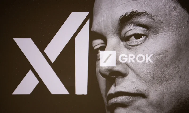 Double exposure photograph of a portrait of elon musk and a telephone displaying the grok artificial intelligence logo in Kerlouan in Brittany in France on February 18 2025. (Photo by Vincent Feuray / Hans Lucas / Hans Lucas via AFP) (Photo by VINCENT FEURAY/Hans Lucas/AFP via Getty Images)