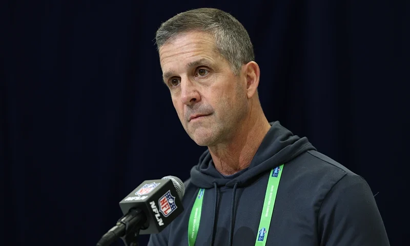 Head coach John Harbaugh of the Baltimore Ravens speaks to the media during the NFL Scouting Combine at the Indiana Convention Center on February 25, 2025 in Indianapolis, Indiana. (Photo by Stacy Revere/Getty Images)