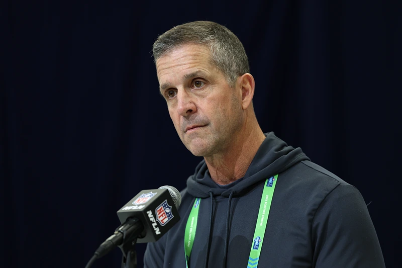 Head coach John Harbaugh of the Baltimore Ravens speaks to the media during the NFL Scouting Combine at the Indiana Convention Center on February 25, 2025 in Indianapolis, Indiana. (Photo by Stacy Revere/Getty Images)