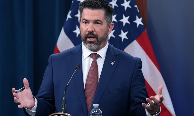 Chief Pentagon Spokesman Sean Parnell speaks during a press conference at the Pentagon on March 17, 2025 in Arlington, Virginia. Chief Pentagon Spokesman Parnell held his first news briefing to answer questions from members of the press. (Photo by Alex Wong/Getty Images)