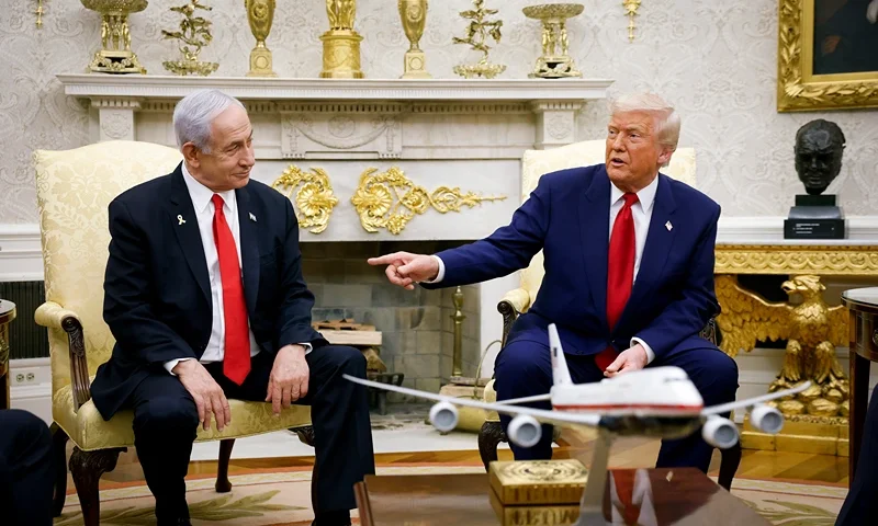 WASHINGTON, DC - APRIL 07: U.S. President Donald Trump, accompanied by Israeli Prime Minister Benjamin Netanyahu, speaks during a meeting in the Oval Office of the White House on April 7, 2025 in Washington, DC. President Trump is meeting with Netanyahu to discuss ongoing efforts to release Israeli hostages from Gaza and newly imposed U.S. tariffs. (Photo by Kevin Dietsch/Getty Images)
