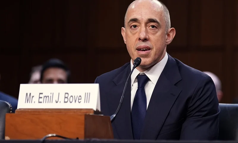 WASHINGTON, DC - JUNE 25: Emil Bove, President Donald Trump's nominee to be U.S. Circuit Judge for the Third Circuit, testifies during his Senate Judiciary Committee nomination hearing in the Hart Senate Office Building on June 25, 2025 in Washington, DC. A whistleblower alleged that Bove, President Trump's former personal lawyer, told Justice Department staff to defy court orders and continue to carry out Trump’s deportation plans. (Photo by Kevin Dietsch/Getty Images)