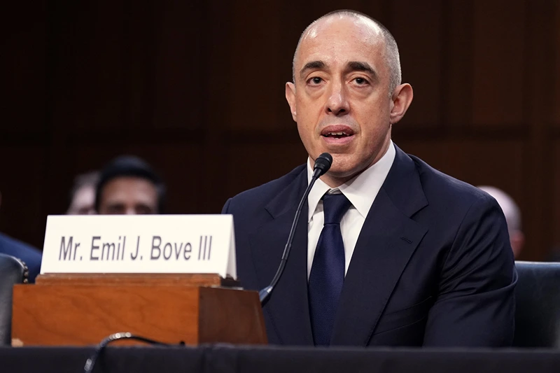 WASHINGTON, DC - JUNE 25: Emil Bove, President Donald Trump's nominee to be U.S. Circuit Judge for the Third Circuit, testifies during his Senate Judiciary Committee nomination hearing in the Hart Senate Office Building on June 25, 2025 in Washington, DC. A whistleblower alleged that Bove, President Trump's former personal lawyer, told Justice Department staff to defy court orders and continue to carry out Trump’s deportation plans. (Photo by Kevin Dietsch/Getty Images)