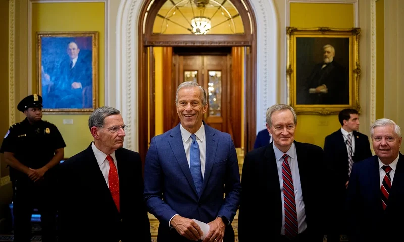 WASHINGTON, DC - JULY 1: Senate Majority Leader John Thune (R-SD) (2nd-L), accompanied by Sen. John Barrasso (R-WY) (L), Sen. Mike Crapo (R-ID) (2nd-R), and Sen. Lindsey Graham (R-SC) (R), speaks to reporters off the Senate floor after the Senate passes President Donald Trump's so-called "One, Big, Beautiful Bill," Act at the U.S. Capitol Building on July 1, 2025 in Washington, DC. U.S. Vice President J.D. Vance was the tie-breaking vote as President Donald Trump's so-called "One, Big, Beautiful Bill," Act passes in the Senate. (Photo by Andrew Harnik/Getty Images)