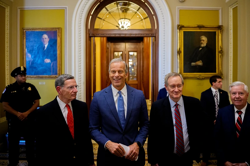 WASHINGTON, DC - JULY 1: Senate Majority Leader John Thune (R-SD) (2nd-L), accompanied by Sen. John Barrasso (R-WY) (L), Sen. Mike Crapo (R-ID) (2nd-R), and Sen. Lindsey Graham (R-SC) (R), speaks to reporters off the Senate floor after the Senate passes President Donald Trump's so-called "One, Big, Beautiful Bill," Act at the U.S. Capitol Building on July 1, 2025 in Washington, DC. U.S. Vice President J.D. Vance was the tie-breaking vote as President Donald Trump's so-called "One, Big, Beautiful Bill," Act passes in the Senate. (Photo by Andrew Harnik/Getty Images)