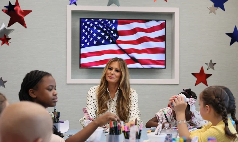US First Lady Melania Trump takes part in an activity with children during a visit at Children's National Hospital in Washington, DC on July 3, 2025. (Photo by Jemal COUNTESS / AFP) (Photo by JEMAL COUNTESS/AFP via Getty Images)