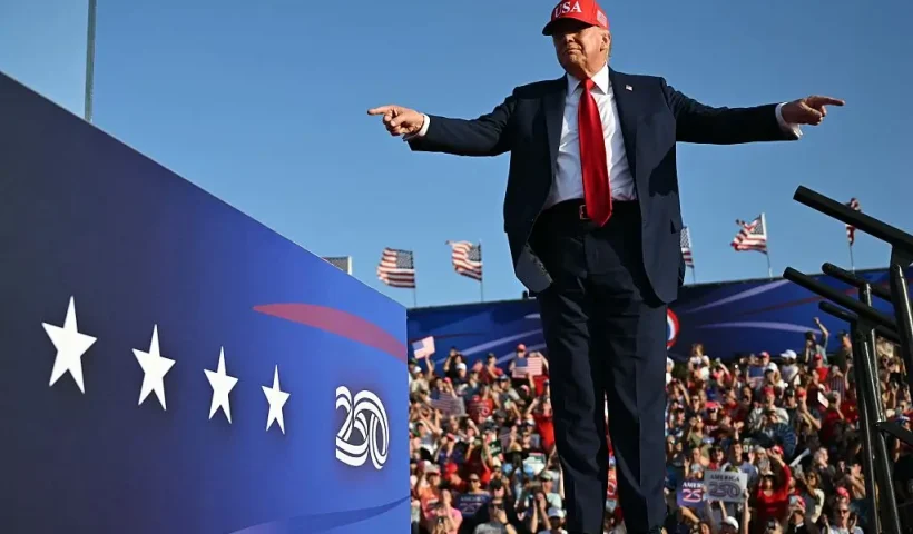 US President Donald Trump gestures as he steps on stage to deliver remarks at the Salute to America Celebration at the Iowa State Fairgrounds in Des Moines on July 3, 2025. (Photo by ANDREW CABALLERO-REYNOLDS / AFP) (Photo by ANDREW CABALLERO-REYNOLDS/AFP via Getty Images)