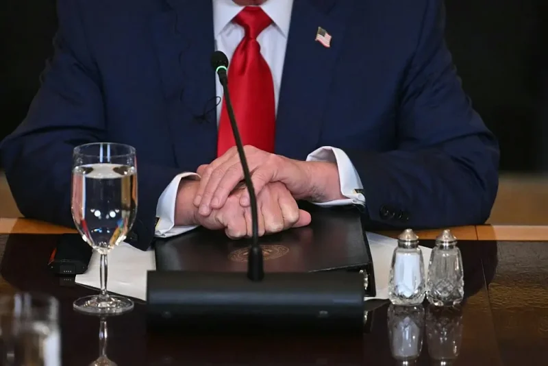 US President Donald Trump participates in a multilateral lunch with visiting African Leaders in the State Dining Room of the White House in Washington, DC, on July 9, 2025. Trump is hosting five leaders from West Africa Wednesday for a White House summit aimed at fostering trade to counter the growing regional influence of Russia and China. The White House is seeking to strengthen economic ties with the mineral-rich region as it curbs foreign aid to Africa, where countries have been hit by a 10 percent global import tariff announced by Trump. Talks with the presidents of Senegal, Liberia, Guinea-Bissau, Mauritania and Gabon are expected to focus on commercial opportunities and security. (Photo by Jim WATSON / AFP) (Photo by JIM WATSON/AFP via Getty Images)