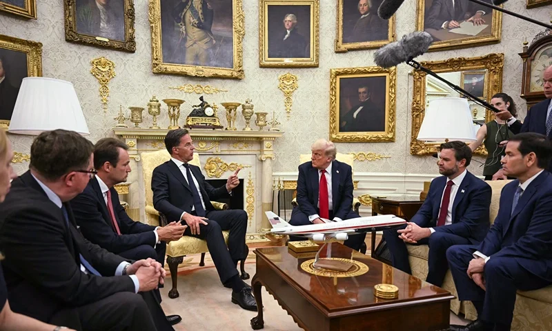 US President Donald Trump meets with NATO Secretary General Mark Rutte in the Oval Office of the White House in Washington, DC on July 14, 2025. President Trump warned Russia on Monday that he will impose "very severe" tariffs against Moscow's remaining trade partners if it doesn't resolve its war in Ukraine within 50 days. (Photo by ANDREW CABALLERO-REYNOLDS / AFP) (Photo by ANDREW CABALLERO-REYNOLDS/AFP via Getty Images)