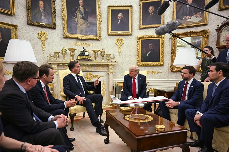 US President Donald Trump meets with NATO Secretary General Mark Rutte in the Oval Office of the White House in Washington, DC on July 14, 2025. President Trump warned Russia on Monday that he will impose "very severe" tariffs against Moscow's remaining trade partners if it doesn't resolve its war in Ukraine within 50 days. (Photo by ANDREW CABALLERO-REYNOLDS / AFP) (Photo by ANDREW CABALLERO-REYNOLDS/AFP via Getty Images)