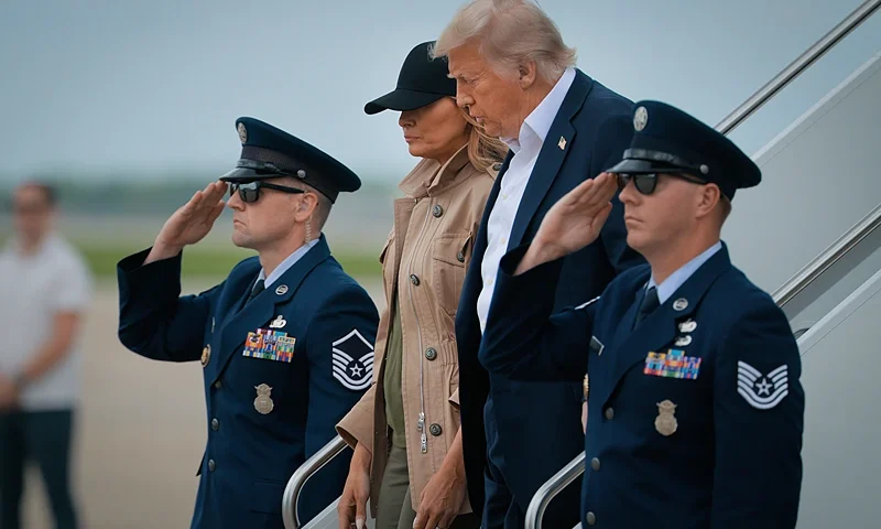 President Donald Trump and first lady Melania Trump arrive at Lackland Air Force Base before heading to Kerrville, Texas where they plan to visit with state and local leaders, first responders and victims of last week's flash flooding on July 11, 2025 in San Antonio, Texas. Trump traveled to Texas one week after flash flooding along the Guadalupe River swept through cities, mobile home parks and summer camps, killing 120 people. Ninety-six of those killed were in Kerr County, where the toll includes at least 36 children. (Photo by Chip Somodevilla/Getty Images)