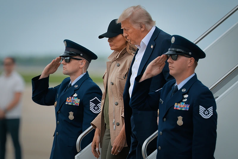 President Donald Trump and first lady Melania Trump arrive at Lackland Air Force Base before heading to Kerrville, Texas where they plan to visit with state and local leaders, first responders and victims of last week's flash flooding on July 11, 2025 in San Antonio, Texas. Trump traveled to Texas one week after flash flooding along the Guadalupe River swept through cities, mobile home parks and summer camps, killing 120 people. Ninety-six of those killed were in Kerr County, where the toll includes at least 36 children. (Photo by Chip Somodevilla/Getty Images)