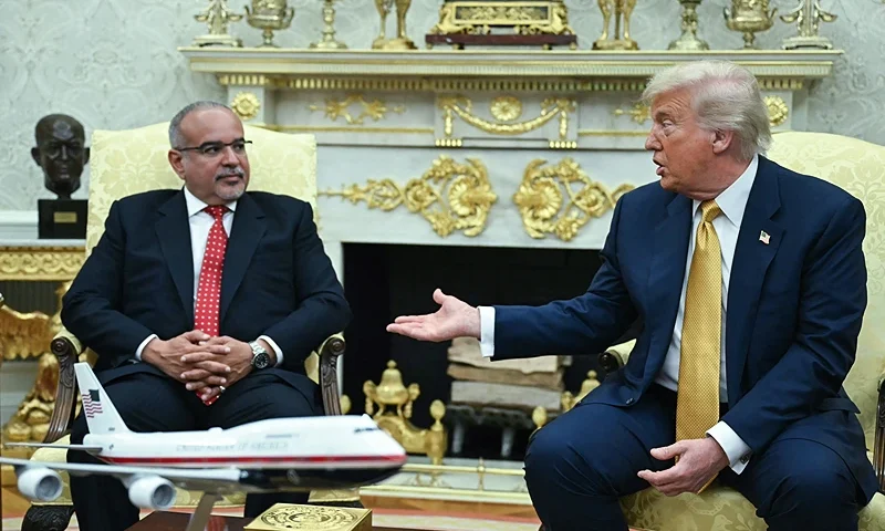 US President Donald Trump meets with Bahraini Crown Prince Salman bin Hamad al-Khalifa in the Oval Office of the White House in Washington, DC, on July 16, 2025. (Photo by ANDREW CABALLERO-REYNOLDS / AFP) (Photo by ANDREW CABALLERO-REYNOLDS/AFP via Getty Images)