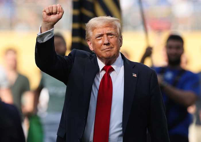 EAST RUTHERFORD, NEW JERSEY - JULY 13: U.S. President Donald Trump gestures following the FIFA Club World Cup 2025 Final match between Chelsea FC and Paris Saint-Germain at MetLife Stadium on July 13, 2025 in East Rutherford, New Jersey. (Photo by Alex Grimm/Getty Images)