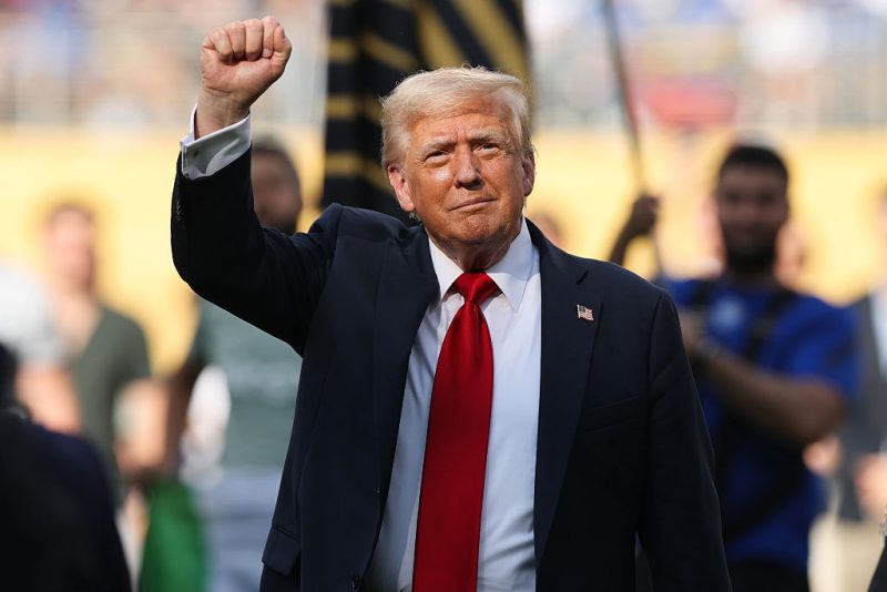 EAST RUTHERFORD, NEW JERSEY - JULY 13: U.S. President Donald Trump gestures following the FIFA Club World Cup 2025 Final match between Chelsea FC and Paris Saint-Germain at MetLife Stadium on July 13, 2025 in East Rutherford, New Jersey. (Photo by Alex Grimm/Getty Images)