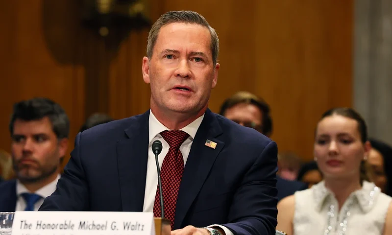 WASHINGTON, DC - JULY 15: Former U.S. National Security Adviser Michael Waltz testifies during his confirmation hearing before the Senate Committee on Foreign Relations in the Dirksen Senate Office Building on July 15, 2025 in Washington, DC. Waltz, who was nominated by U.S. President Donald Trump to be the next U.S. Ambassador to the United Nations, previously served as the National Security Adviser. He resigned from that position after facing scrutiny for his involvement in creating a Signal chat that mistakenly included a journalist. This chat discussed sensitive plans for a military strike on Houthi targets in Yemen. (Photo by Michael M. Santiago/Getty Images)