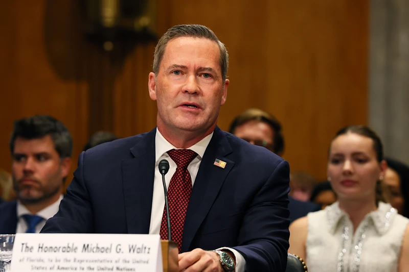 WASHINGTON, DC - JULY 15: Former U.S. National Security Adviser Michael Waltz testifies during his confirmation hearing before the Senate Committee on Foreign Relations in the Dirksen Senate Office Building on July 15, 2025 in Washington, DC. Waltz, who was nominated by U.S. President Donald Trump to be the next U.S. Ambassador to the United Nations, previously served as the National Security Adviser. He resigned from that position after facing scrutiny for his involvement in creating a Signal chat that mistakenly included a journalist. This chat discussed sensitive plans for a military strike on Houthi targets in Yemen. (Photo by Michael M. Santiago/Getty Images)