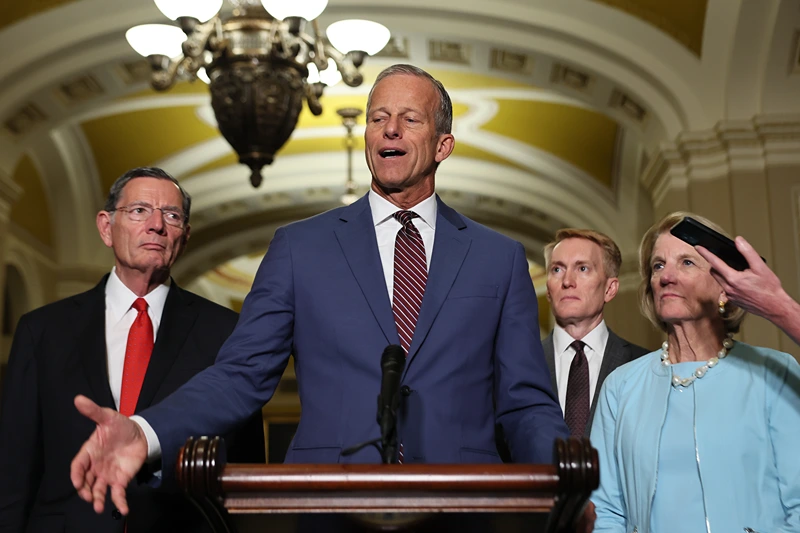 WASHINGTON, DC - JULY 15: Senate Majority Leader Sen. John Thune (R-SD) gives a statement after a policy luncheon with Republican senators at the U.S. Capitol on July 15, 2025 in Washington, DC. Republican senators are considering a rescissions package that is backed by U.S. President Donald Trump that would take back $9.4 billion of congressionally approved funds. Senate is expected to vote on the rescissions package next week ahead of a July 18 deadline, with Trump threatening to withhold endorsements from Republican senators who don’t support the rescissions package. (Photo by Michael M. Santiago/Getty Images)