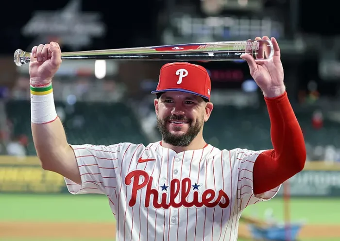 Kyle Schwarber #12 of the Philadelphia Phillies celebrates after winning the Most Valuable Player of the MLB All-Star Game at Truist Park on July 15, 2025 in Atlanta, Georgia. (Photo by Kevin C. Cox/Getty Images)
