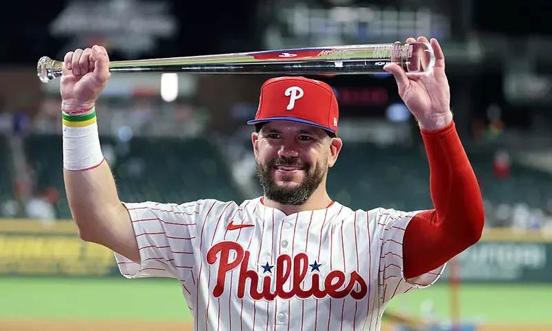 Kyle Schwarber #12 of the Philadelphia Phillies celebrates after winning the Most Valuable Player of the MLB All-Star Game at Truist Park on July 15, 2025 in Atlanta, Georgia. (Photo by Kevin C. Cox/Getty Images)