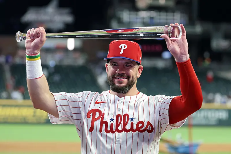 Kyle Schwarber #12 of the Philadelphia Phillies celebrates after winning the Most Valuable Player of the MLB All-Star Game at Truist Park on July 15, 2025 in Atlanta, Georgia. (Photo by Kevin C. Cox/Getty Images)