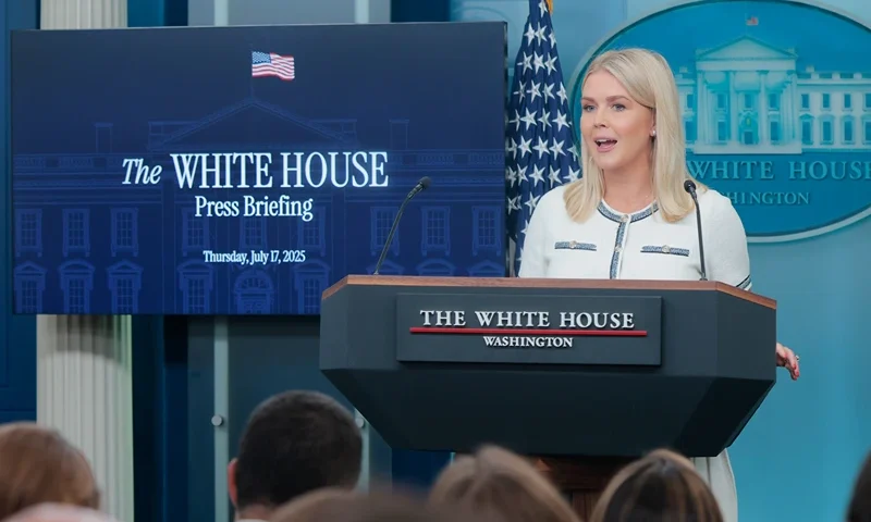 White House Press Secretary Karoline Leavitt speaks during a press briefing in the Brady Press Briefing Room at the White House on July 17, 2025 in Washington, DC. During the press briefing Leavitt spoke on a range of topics including U.S. President Donald Trump's health, the Department of Justices' investigation into the Epstein files and funding for NPR and PBS. (Photo by Anna Moneymaker/Getty Images)