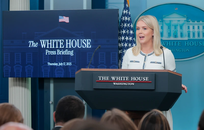 White House Press Secretary Karoline Leavitt speaks during a press briefing in the Brady Press Briefing Room at the White House on July 17, 2025 in Washington, DC. During the press briefing Leavitt spoke on a range of topics including U.S. President Donald Trump's health, the Department of Justices' investigation into the Epstein files and funding for NPR and PBS. (Photo by Anna Moneymaker/Getty Images)
