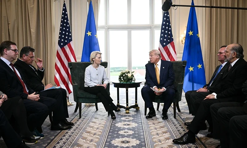 US President Donald Trump (R) and European Commission President Ursula von der Leyen (L) speak to the press after agreeing on a trade deal between the two economies following their meeting, in Turnberry south west Scotland on July 27, 2025, on the third day of his visit to the country, since his second tenure as President began. US President Donald Trump said on July 27, 2025 that he had reached a trade agreement with European Union chief Ursula von der Leyen. "We have reached a deal. It's a good deal for everybody," Trump told reporters after talks with von der Leyen at his golf resort in Turnberry, Scotland. The EU chief also hailed it as a "good deal". (Photo by Brendan SMIALOWSKI / AFP) (Photo by BRENDAN SMIALOWSKI/AFP via Getty Images)