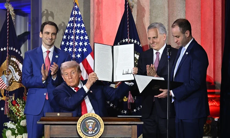 WASHINGTON, DC - JULY 23: Michael Kratsios, U.S. President Donald Trump and David O. Sacks speak onstage at the All-In and Hill & Valley Forum "Winning The AI Race" at Andrew W. Mellon Auditorium on July 23, 2025 in Washington, DC. (Photo by Roy Rochlin/Getty Images for Hill & Valley Forum)