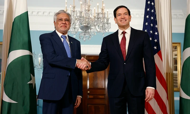 U.S. Secretary of State Marco Rubio (R) greets Pakistani Deputy Prime Minister and Foreign Minister Ishaq Dar at the Department of State on July 25, 2025 in Washington, DC. The two leaders met to discuss enhanced cooperation in trade, counterterrorism and regional peace. (Photo by Kevin Dietsch/Getty Images)