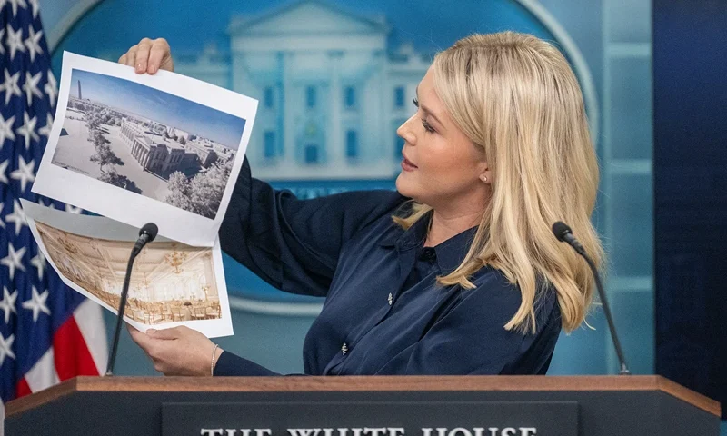White House Press Secretary Karoline Leavitt displays a rendering for a new White House ballroom during the daily briefing in the Brady Briefing Room of the White House in Washington, DC, on July 31, 2025. (Photo by Jim WATSON / AFP) (Photo by JIM WATSON/AFP via Getty Images)